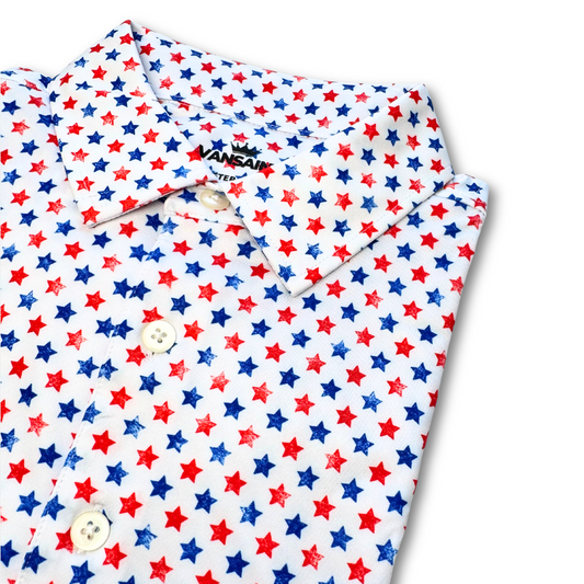 Polo shirt with red, blue, and white star pattern on a white background