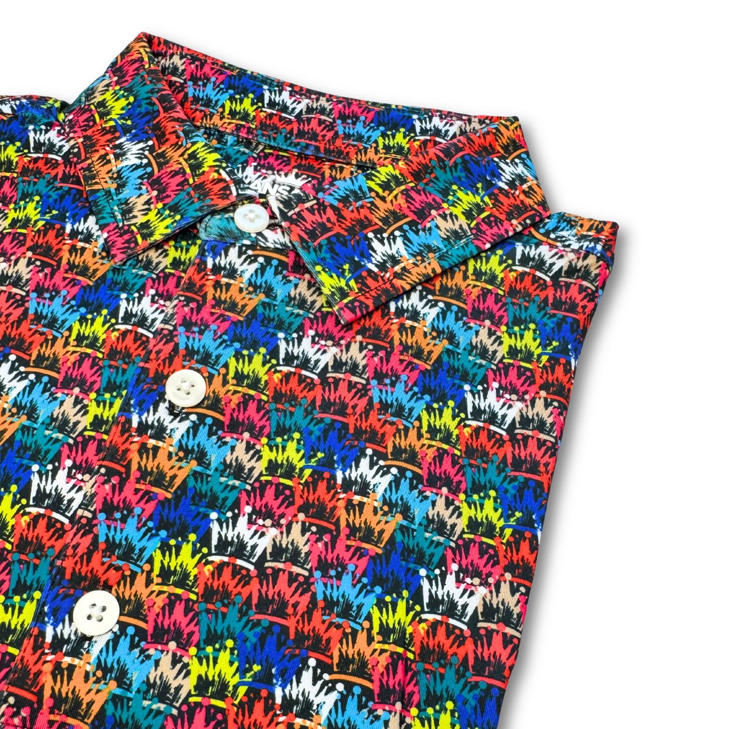 Colorful patterned shirt with buttons on a white background