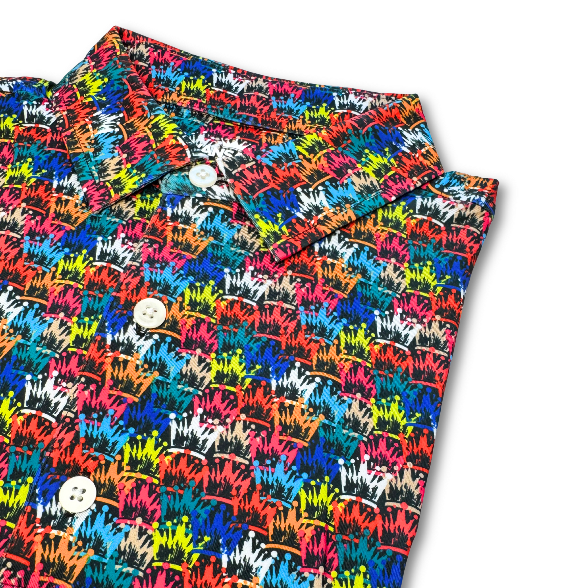 Colorful patterned shirt with buttons on a white background