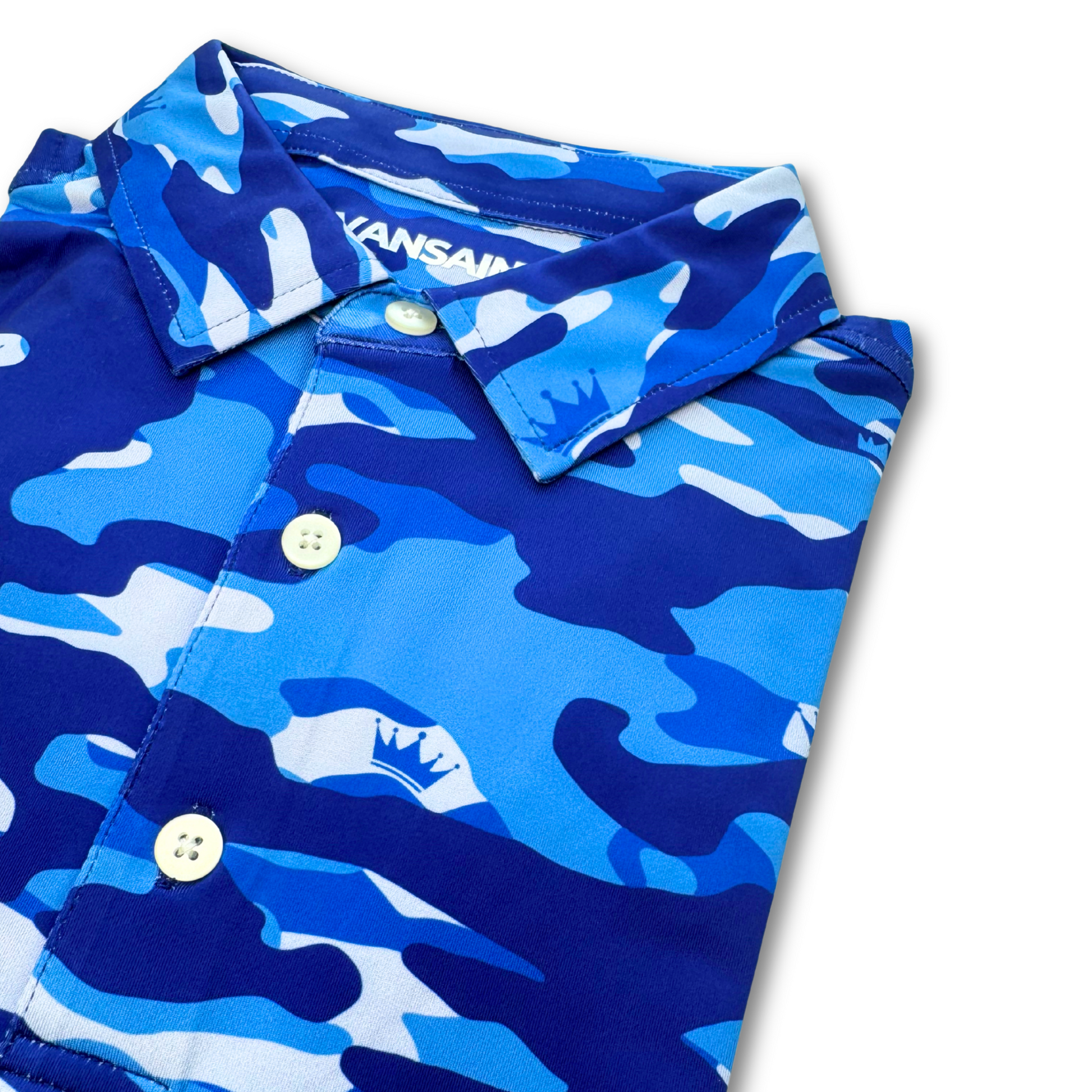 Blue camouflage shirt with brand logo on a white background