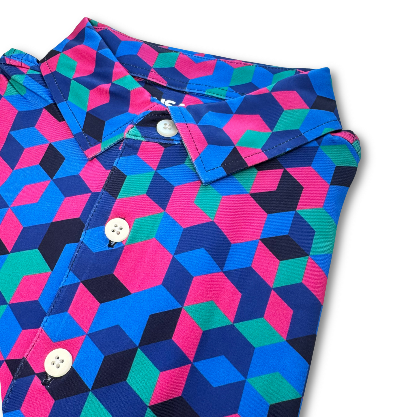Colorful geometric patterned shirt on a white background