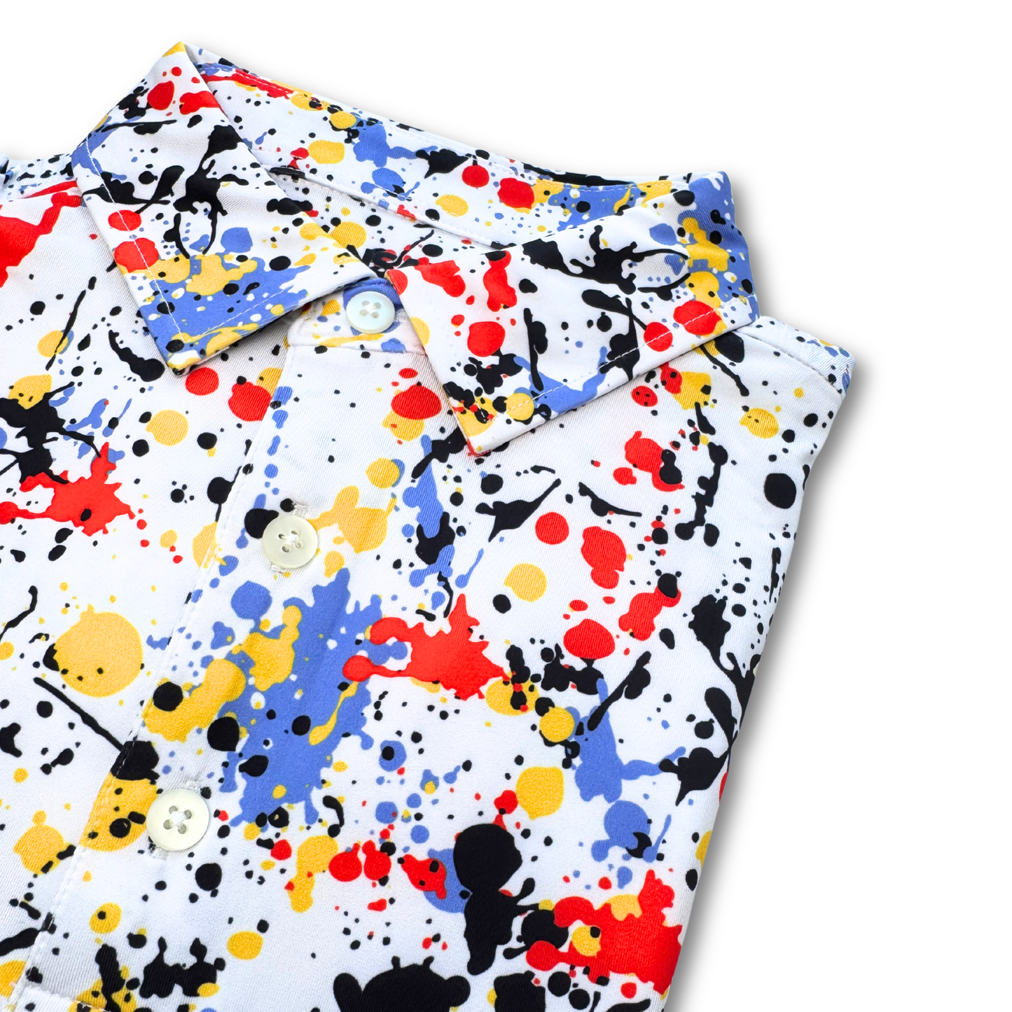 Colorful paint splatter patterned polo shirt on a white background