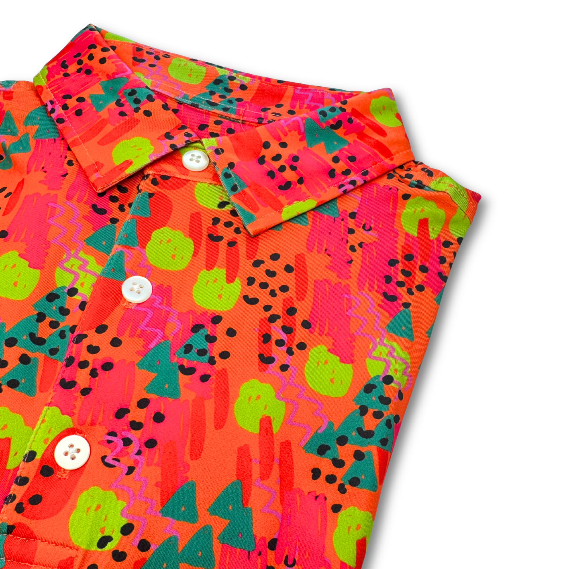 Colorful polo shirt with geometric pattern on a white background