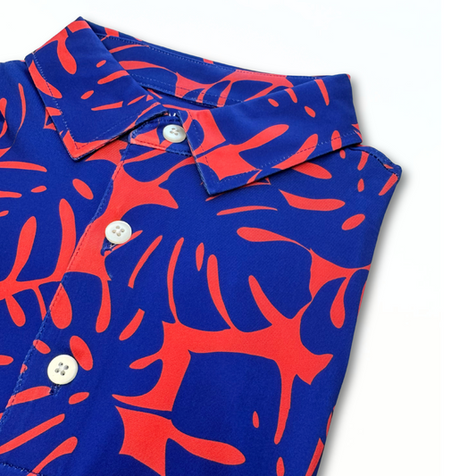 Blue and red patterned shirt with collar and buttons on a white background