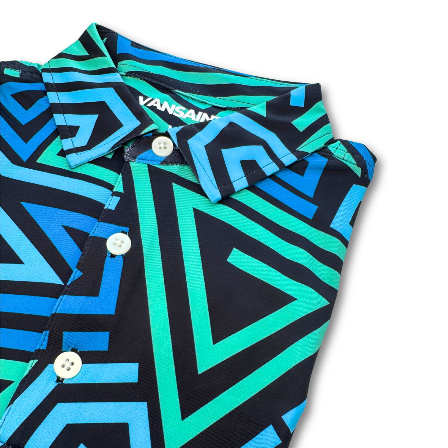 Geometric patterned shirt with button details on a white background