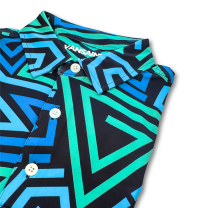 Geometric patterned shirt with button details on a white background