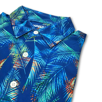 Blue shirt with colorful palm leaf pattern on a white background