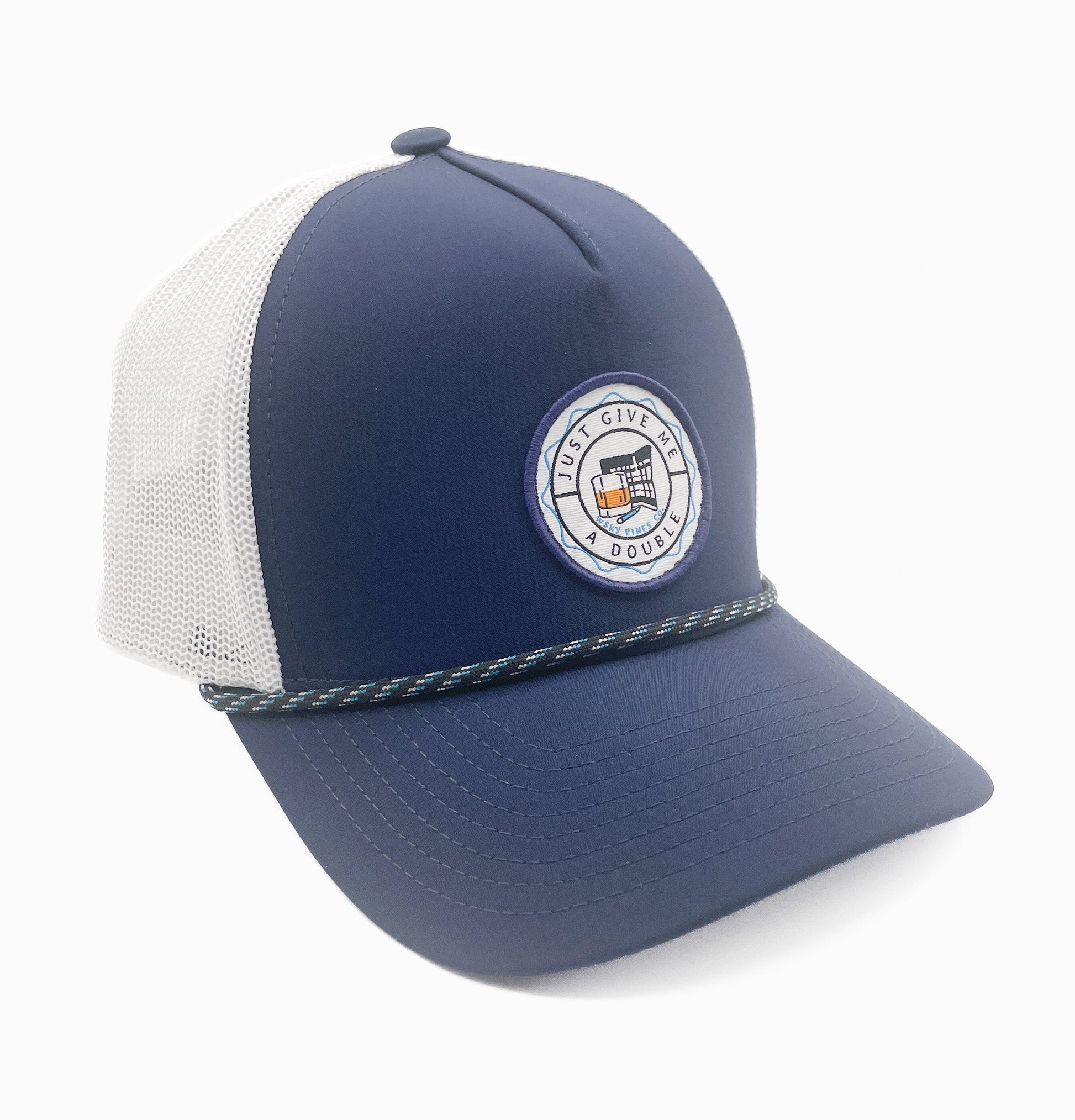 "Just Give Me a Double" 5 Panel Rope Trucker Hat - Navy/White
